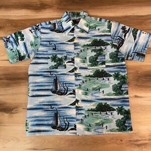 Vintage 80s Van Cort Tropical Shirt Island Print Polyester Camp Shirt Men L 70s